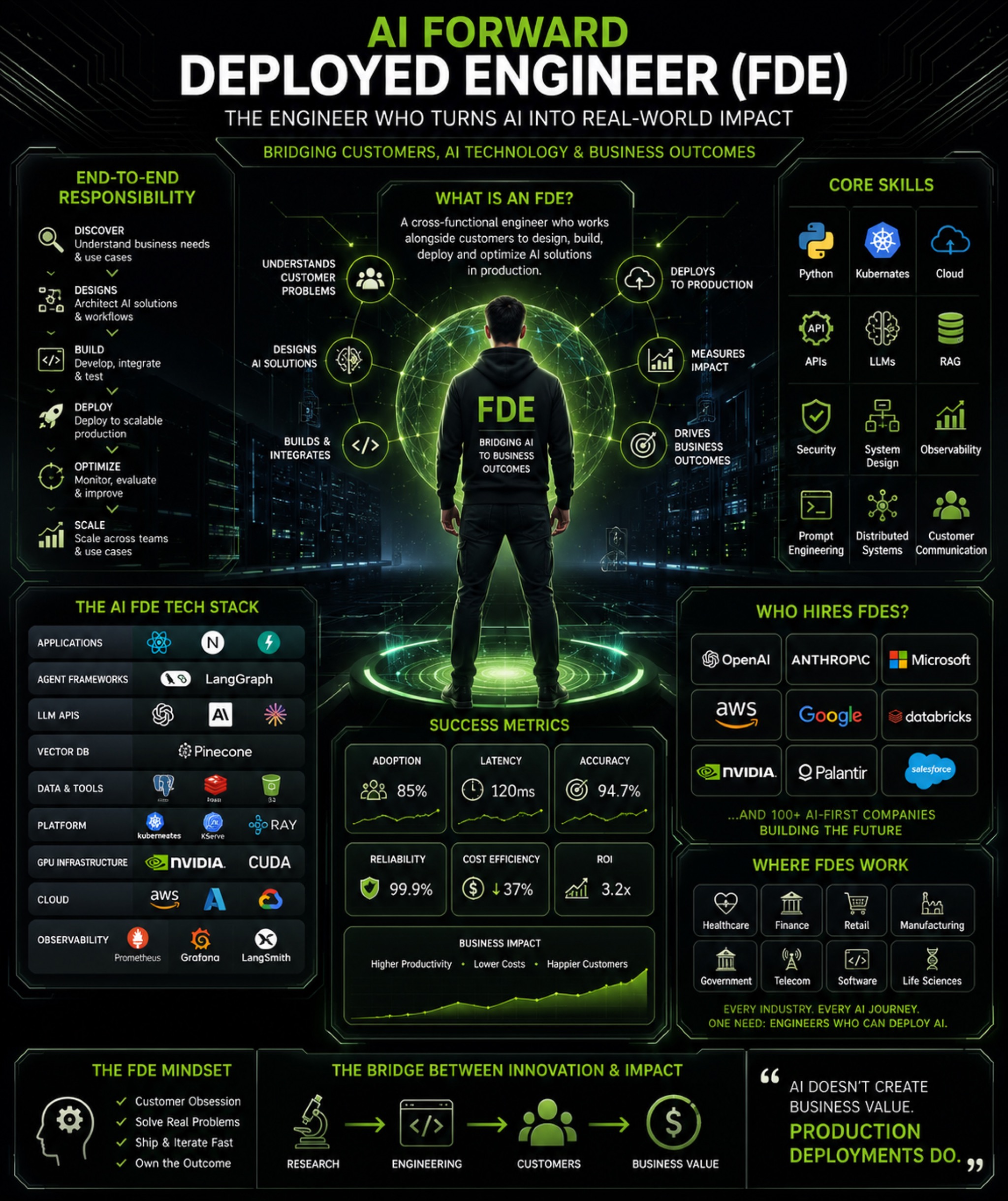 Poster showing the AI Forward Deployed Engineer role map, responsibilities, skills, and business impact.